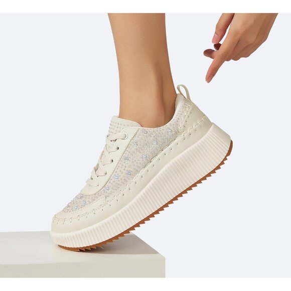 Lucky Step Women Beige Rhinestone Sparkly Chunky Retro Braided Casual Sneakers - Picture 7 of 9